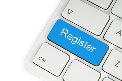 Computer keyboard with a blue button labelled 'Register'.