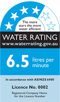 Example of new water rating label, displaying stars at the top and the product's water consumption in litres per minute. The more stars, the more water efficient.